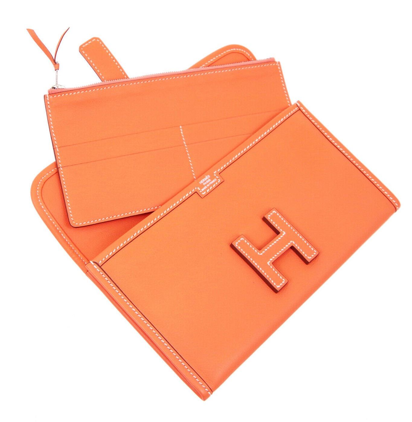 Hermes Orange Leather Small Top Handle Evening 2 in 1 Clutch Wallet Bag In Good Condition In Chicago, IL