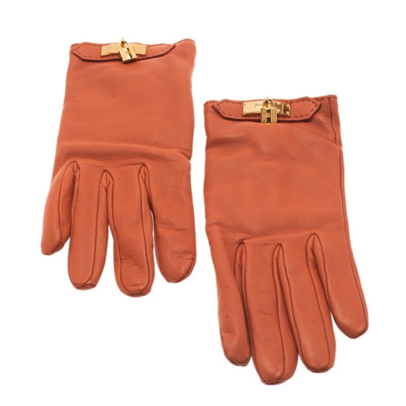 Hermes Orange Leather Soya Gloves Size 8 In Good Condition In Dubai, Al Qouz 2