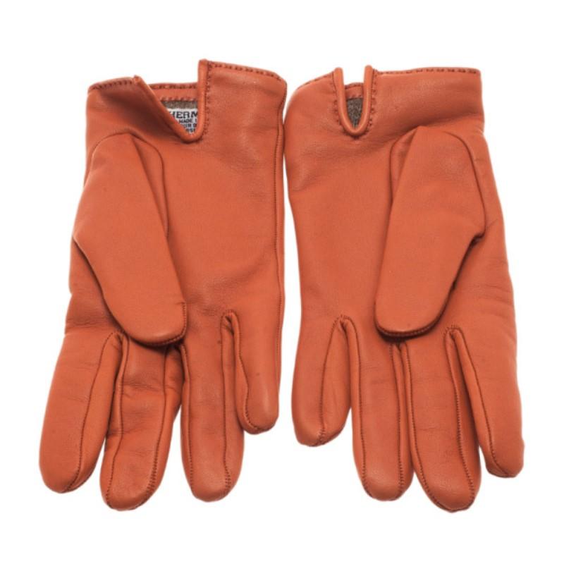 Women's Hermes Orange Leather Soya Gloves Size 8