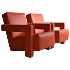 Hermes Orange Leather Utrecht Armchairs by Gerrit Rietveld