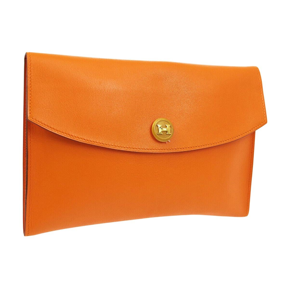 Hermes Orange Leather Wood 'H' Logo Envelope Evening Clutch Bag