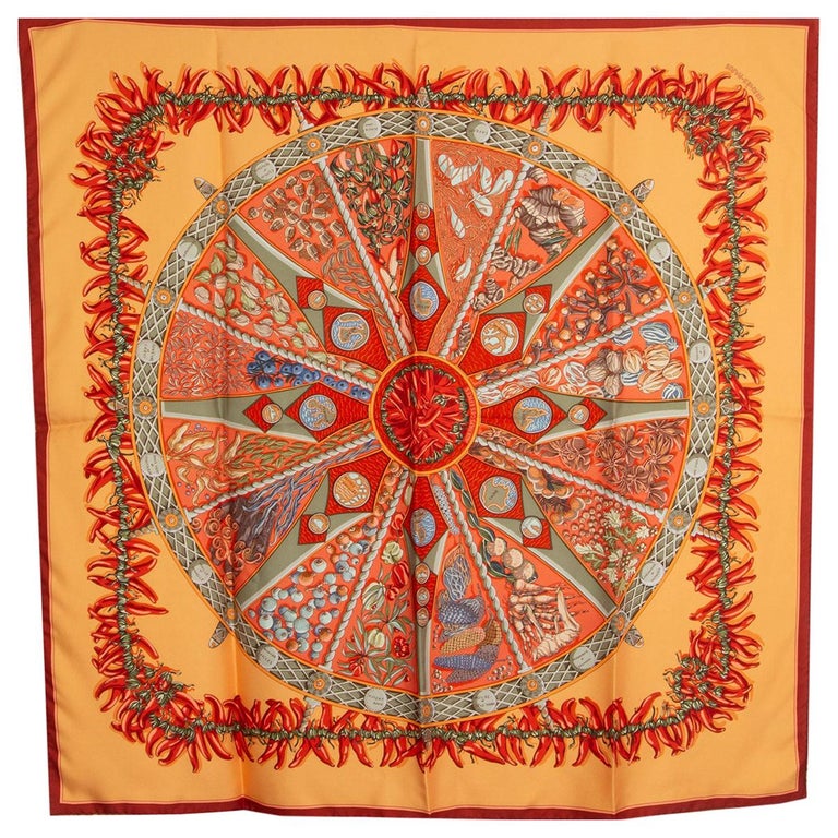 Hermes orange LES PAYS DES EPICES 90 silk twill Scarf at 1stDibs