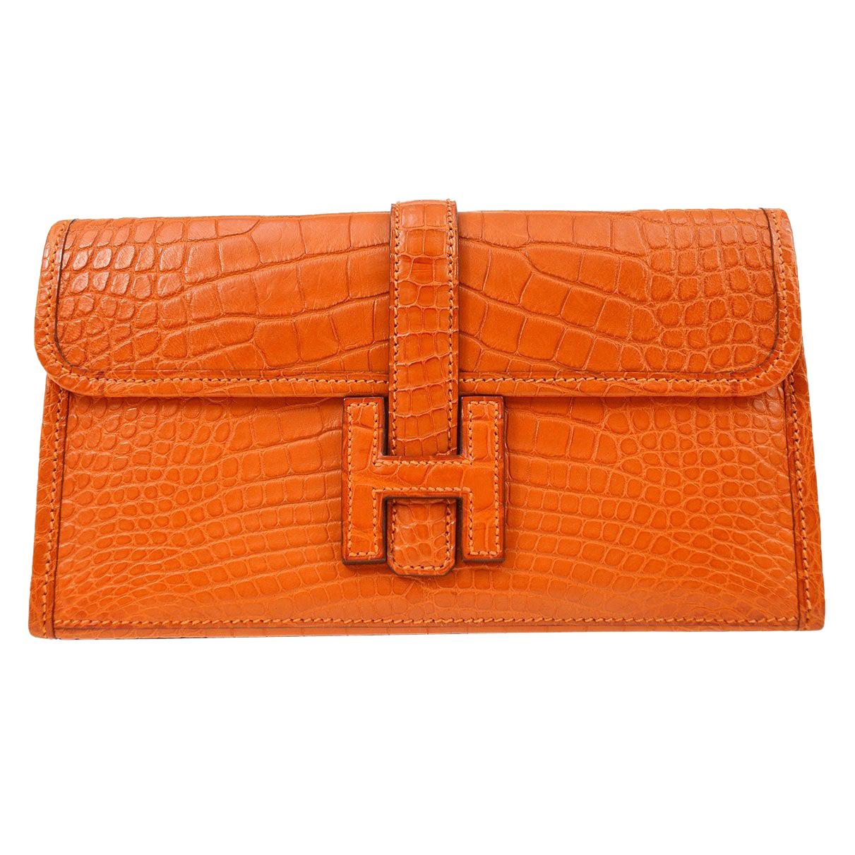 Hermes Orange Matte Alligator Exotic  'H' Logo Envelope Evening Clutch Bag
