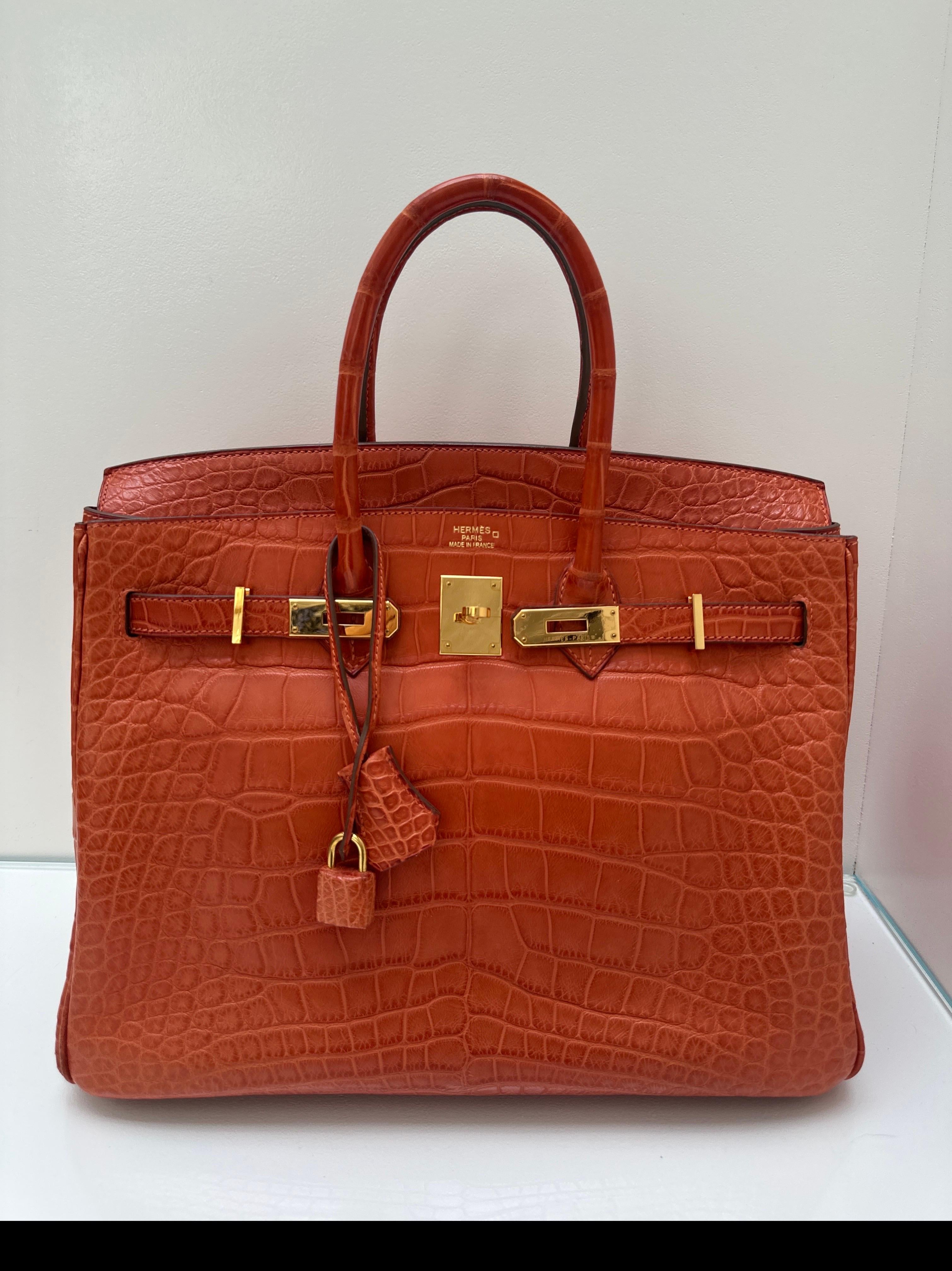 Borsa Birkin 35 arancione in coccodrillo opaco di Hermes. Rara pelle esotica opaca con finiture dorate. Condizioni eccellenti. Indossato solo poche volte. Un pezzo da collezione. Include clochette, lucchetto, chiavi e sacchetto antipolvere. Garanzia