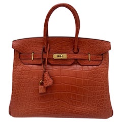 Hermes Orange Matte Crocodile Birkin 35 Bag