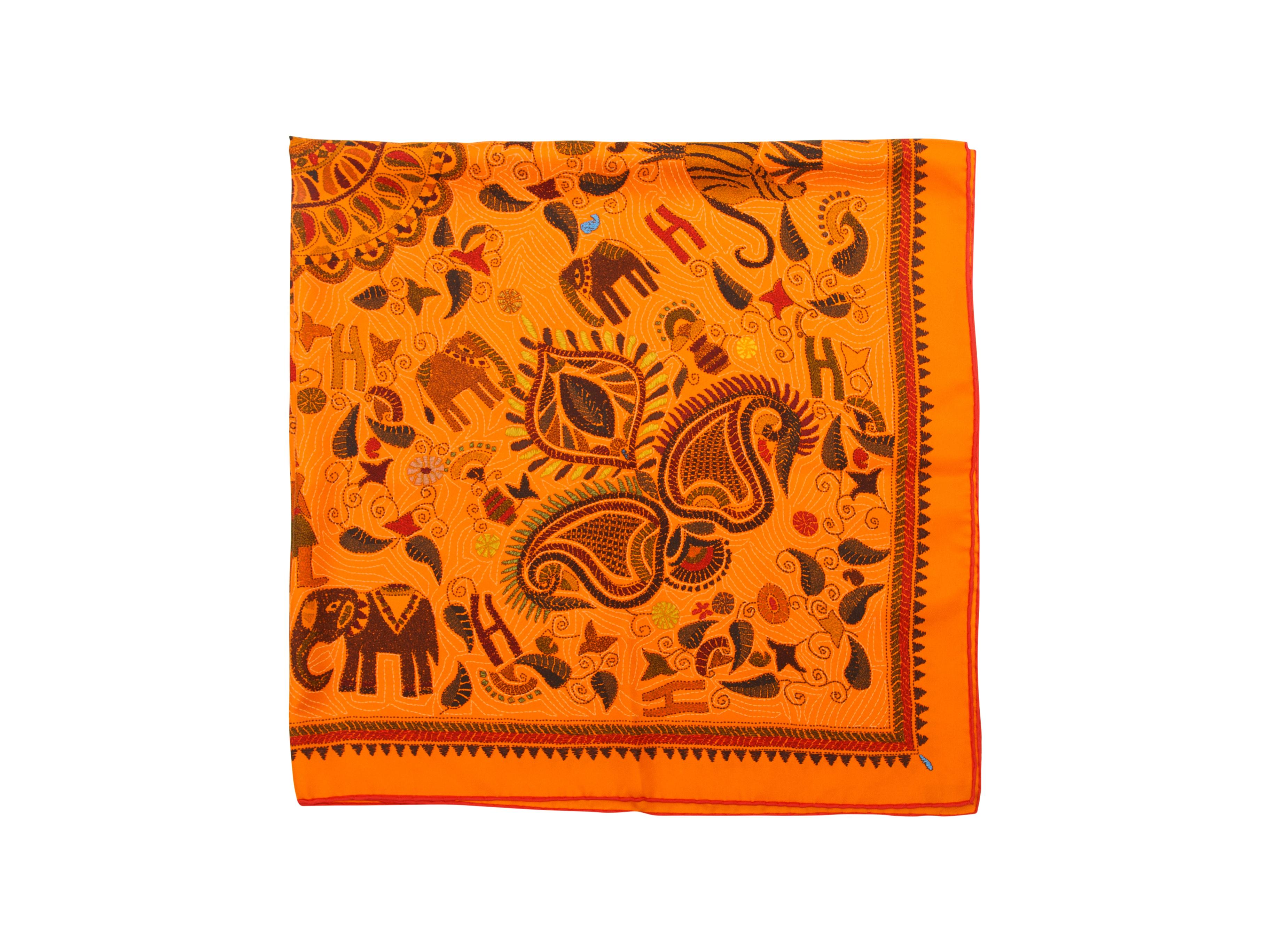 Hermes Orange & Multicolor 'Carré Kantha' Silk Scarf In Good Condition In New York, NY