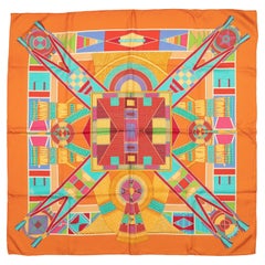 Hermes Orange & Multicolor Silk L'Art Indien Des Plaines Scarf