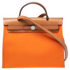 Used Hermes Orange/Natural Canvas and Leather Herbag Zip PM Bag