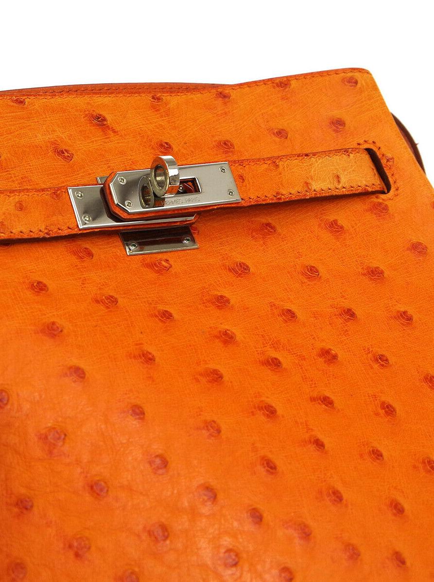 Hermes Orange Ostrich Exotic Leather Palladium Kelly Shoulder Bag In Good Condition In Chicago, IL
