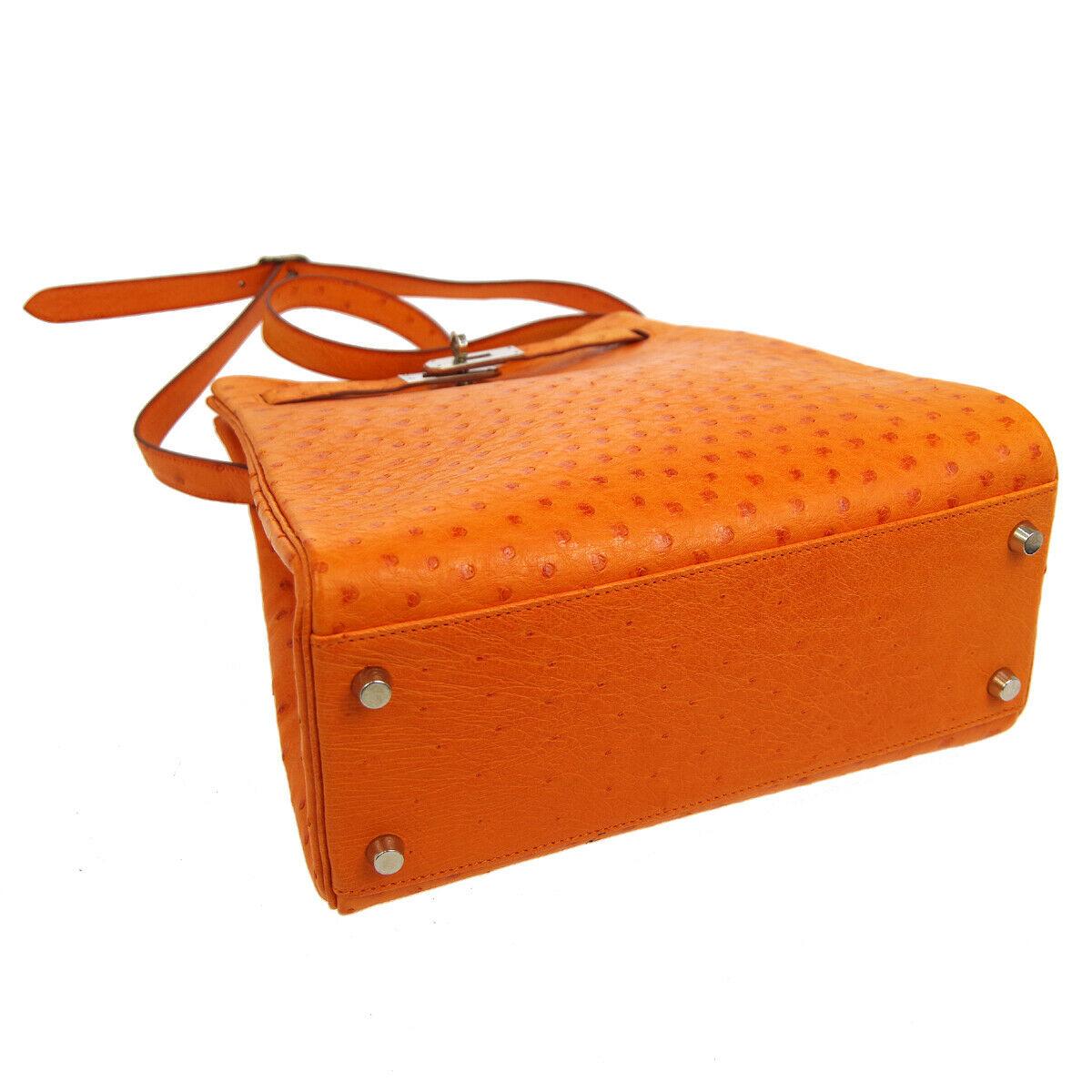 Women's Hermes Orange Ostrich Exotic Leather Palladium Kelly Shoulder Bag