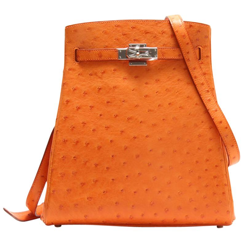 Hermes Orange Ostrich Exotic Leather Palladium Kelly Shoulder Bag
