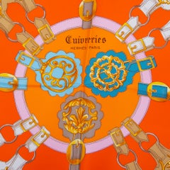 Hermes orange pink CUIVRERIES 90 silk twill Scarf