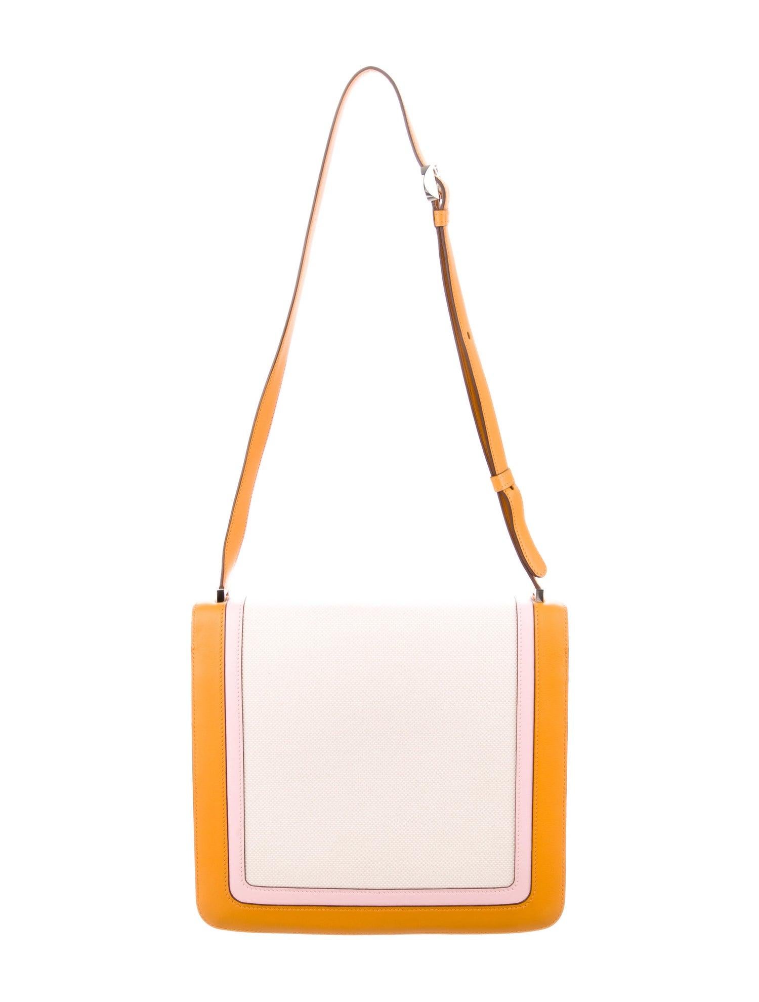 White Hermes Orange Pink Leather Canvas Top Handle Satchel Saddle Shoulder Flap Bag
