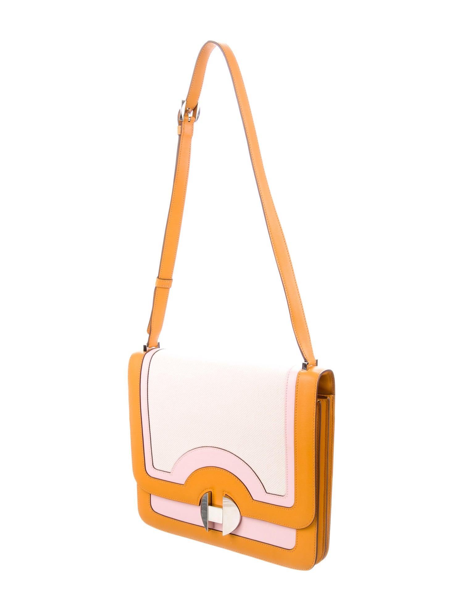Hermes Orange Pink Leather Canvas Top Handle Satchel Saddle Shoulder Flap Bag In Good Condition In Chicago, IL