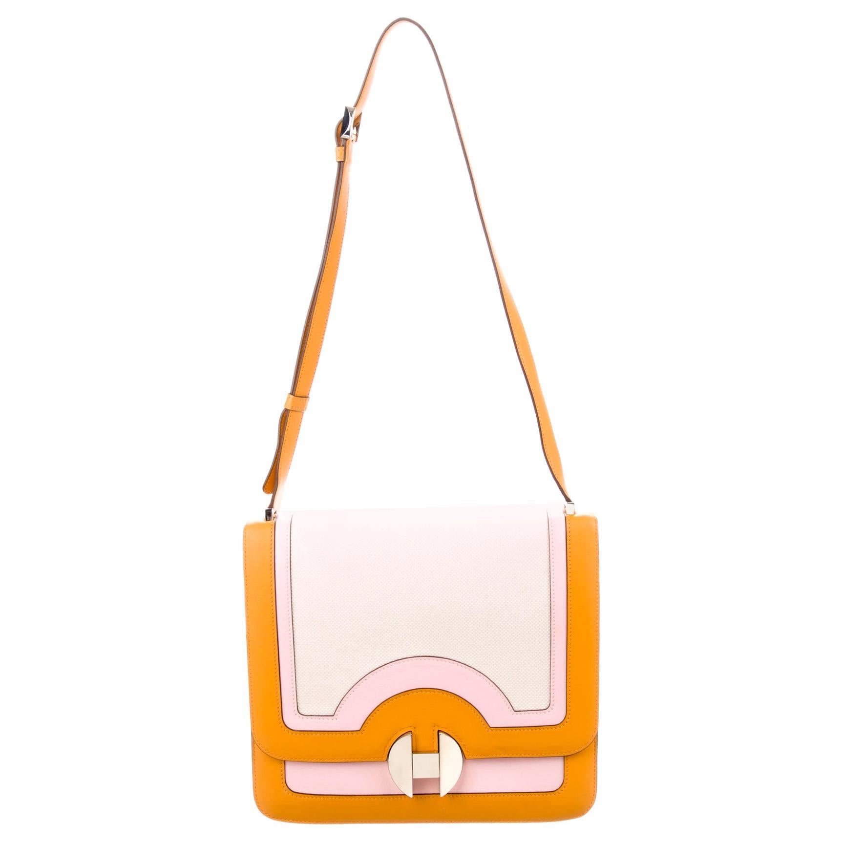 Hermes Orange Pink Leather Canvas Top Handle Satchel Saddle Shoulder Flap Bag