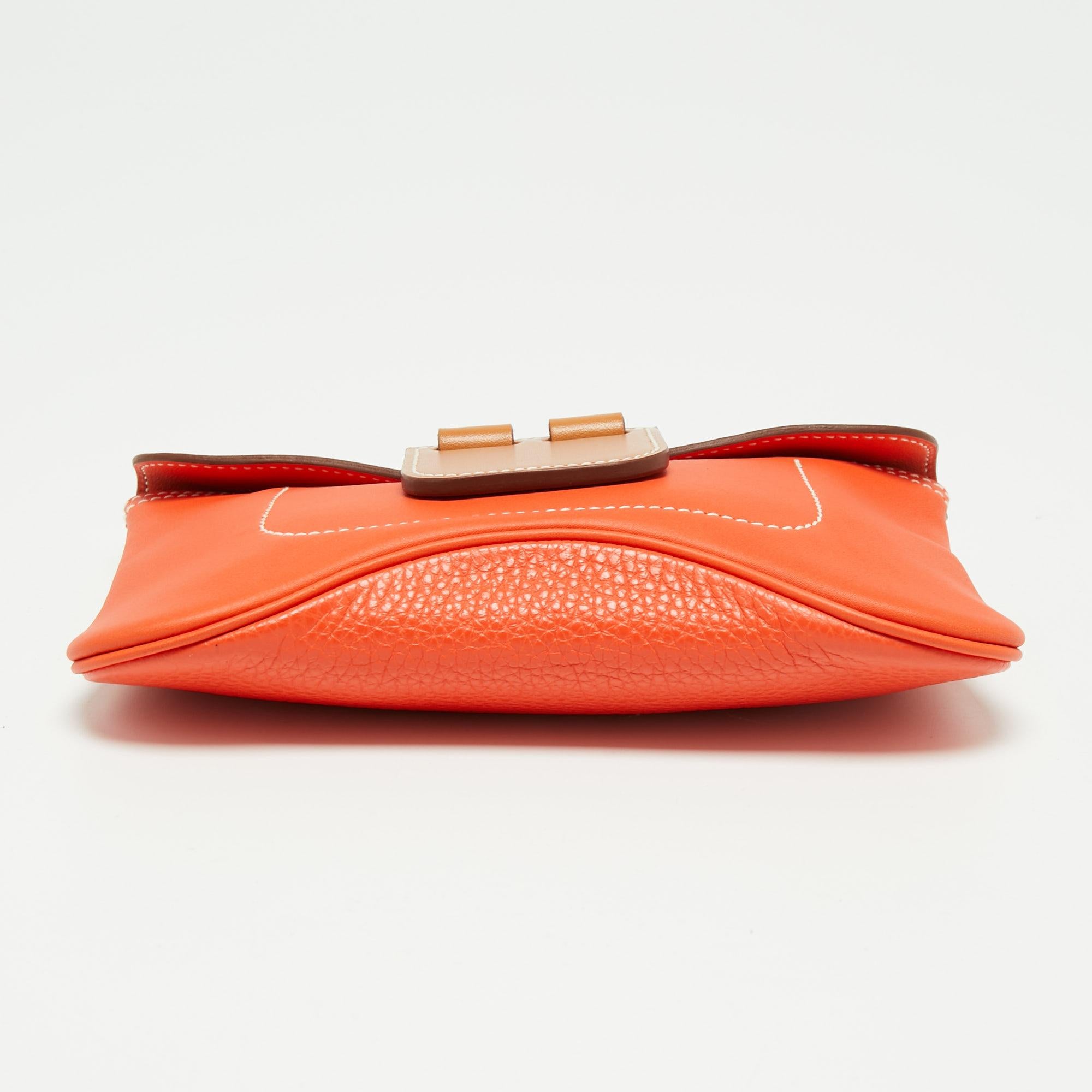 Hermes Orange Poppy Clemence and Swift Leather Virevolte Clutch 6