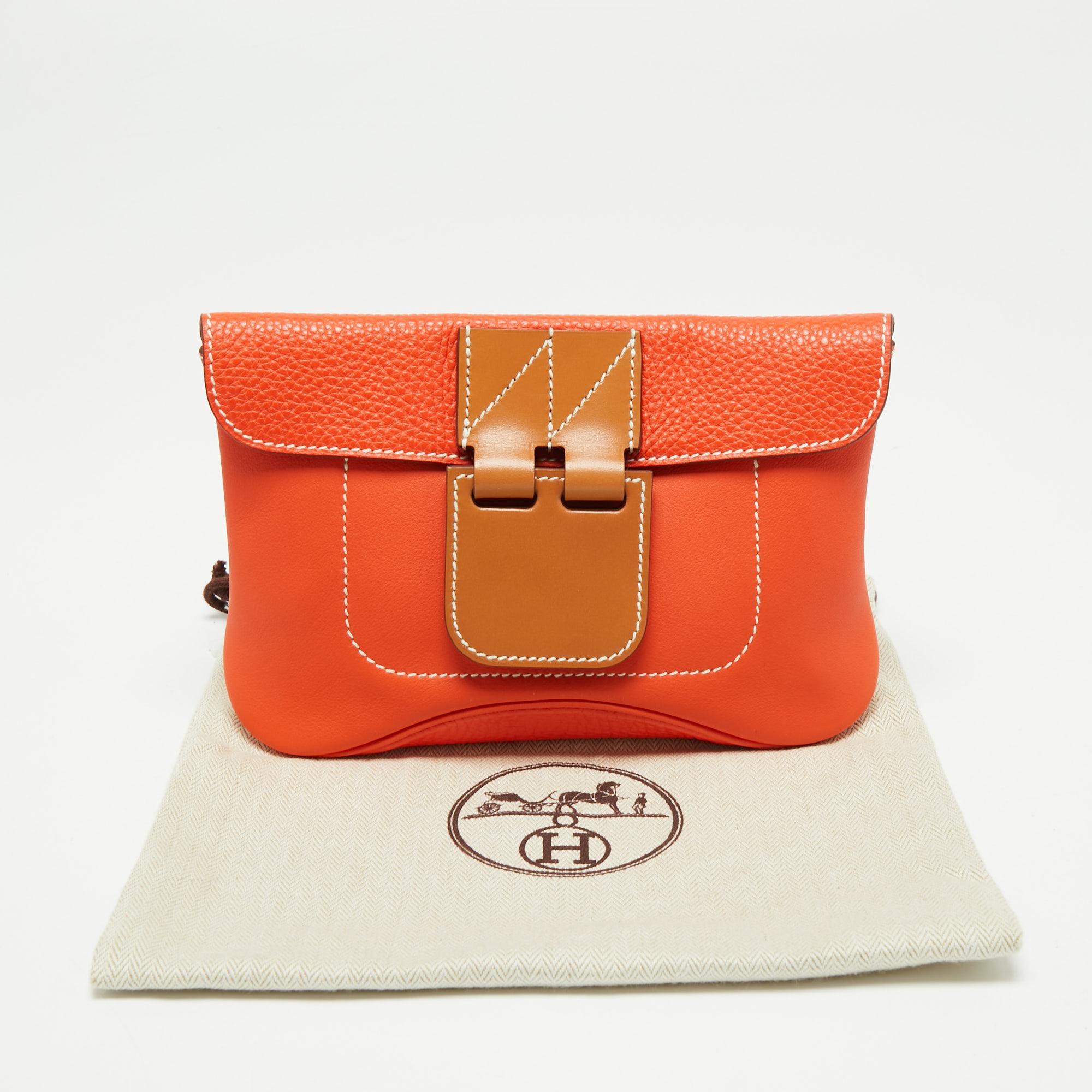 Hermes Orange Poppy Clemence and Swift Leather Virevolte Clutch 7