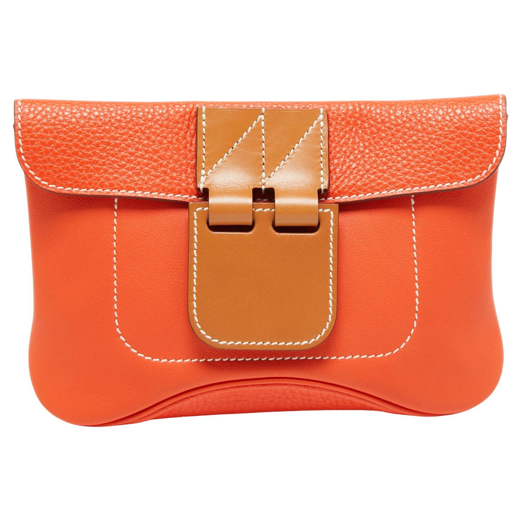 Hermes Rare Orange Clemence Leather Fold Over Clutch at 1stDibs