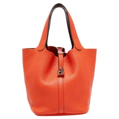 Hermes Orange Poppy/Rouge H Taurillon Clemence Leather Picotin Lock 22 Bag  at 1stDibs