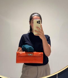 Hermès Orange Poppy Shiny Porosus Crocodile Leather Leather Kelly Cut