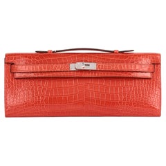 Hermès Orange Poppy Shiny Porosus Crocodile Leather Leather Kelly Cut