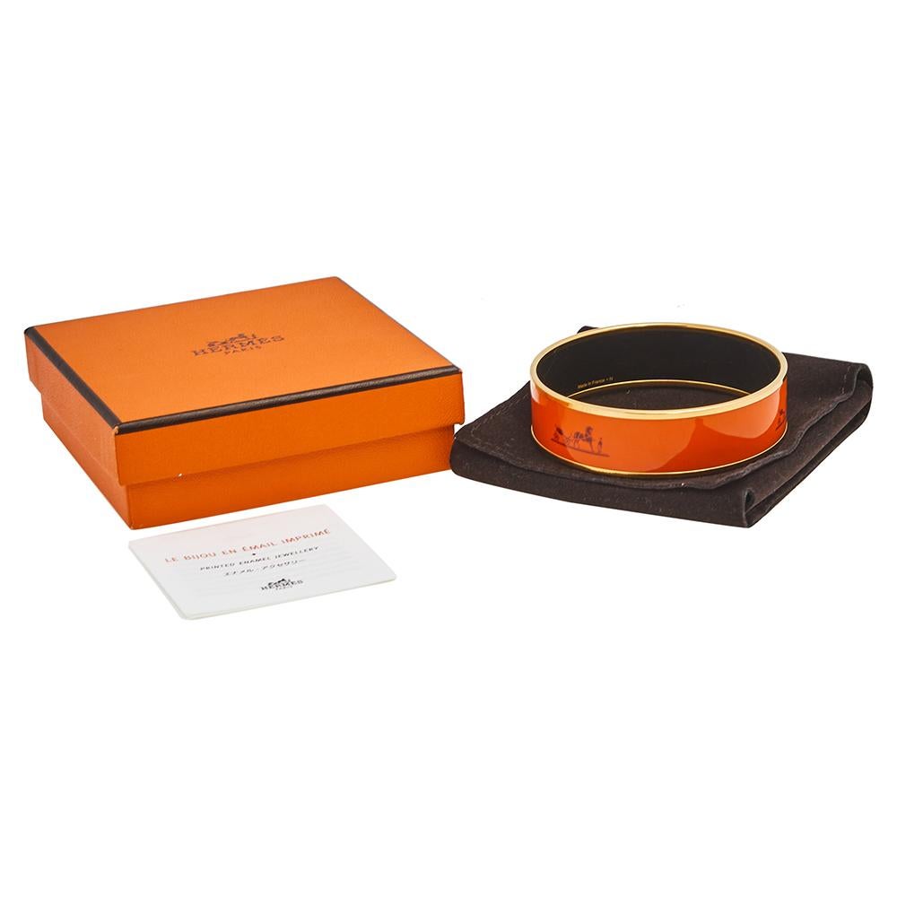 Contemporary Hermes Orange Printed Enamel Gold Plated Calèche Wide Bangle Bracelet