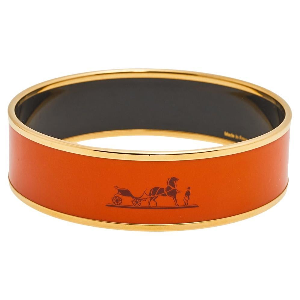 Hermes Orange Printed Enamel Gold Plated Calèche Wide Bangle Bracelet