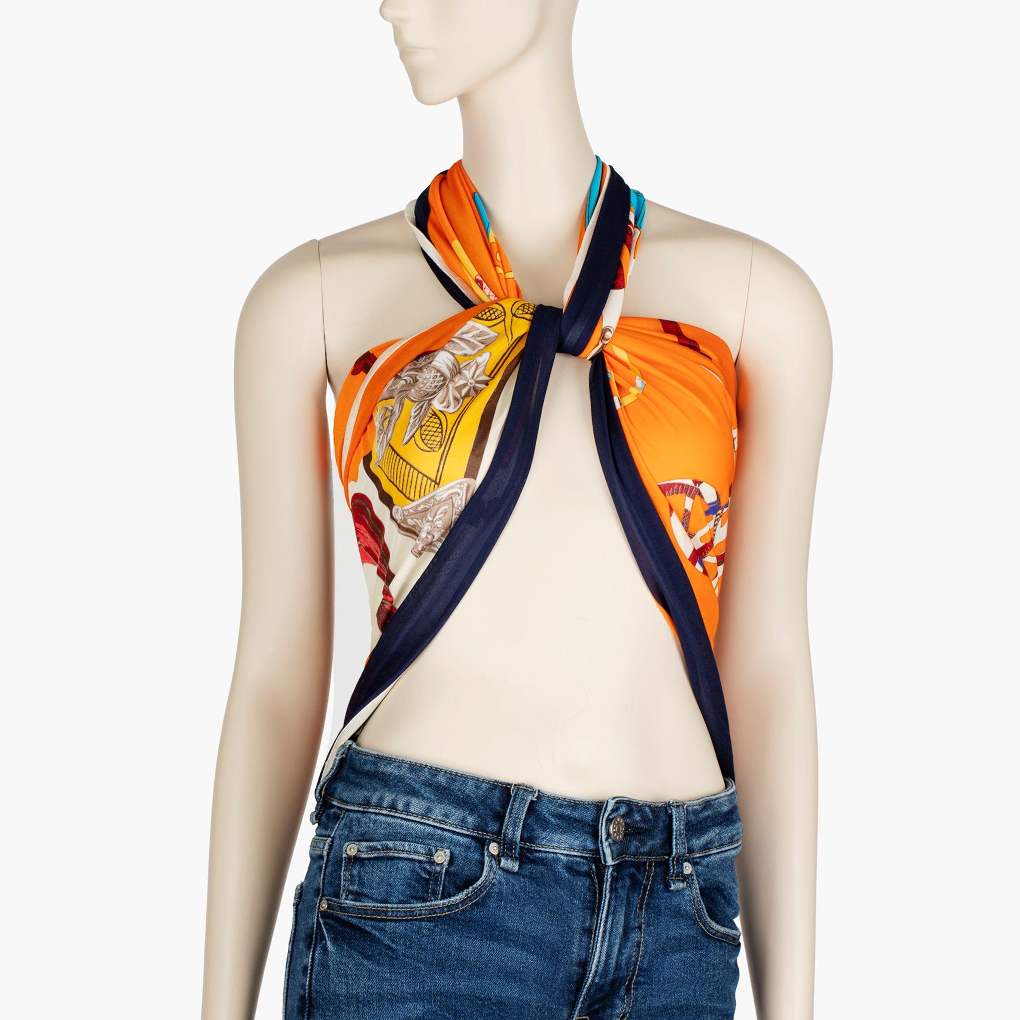 Hermès Orange Printed Silk Scarf Top Styled Multiple Ways For Sale 6