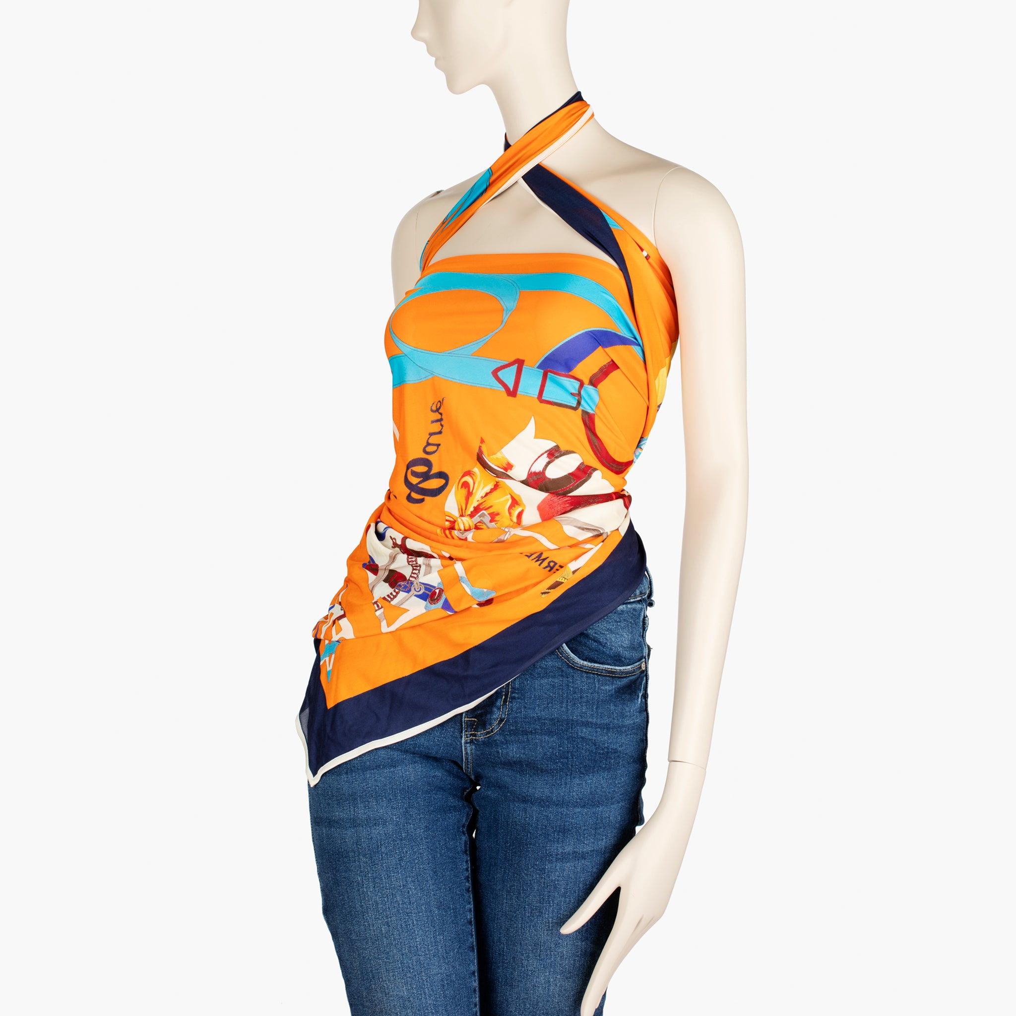 Hermès Orange Printed Silk Scarf Top Styled Multiple Ways In New Condition For Sale In Sydney, New South Wales
