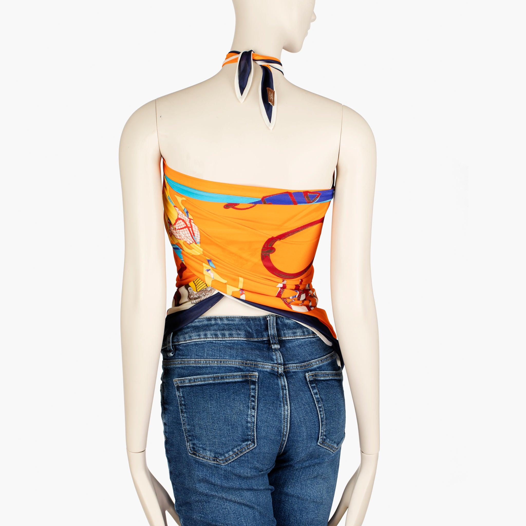 Hermès Orange Printed Silk Scarf Top Styled Multiple Ways For Sale 1