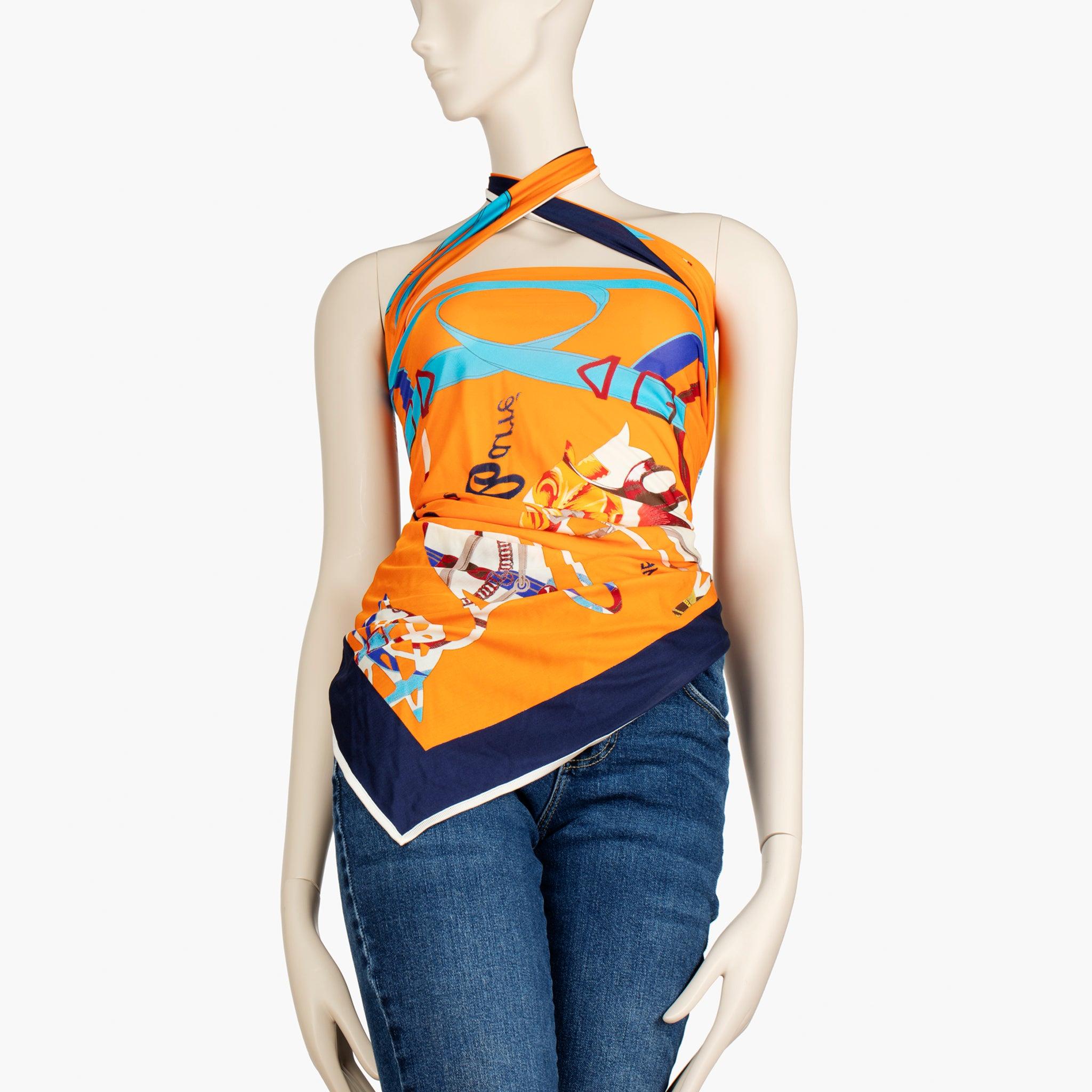 Hermès Orange Printed Silk Scarf Top Styled Multiple Ways For Sale 2