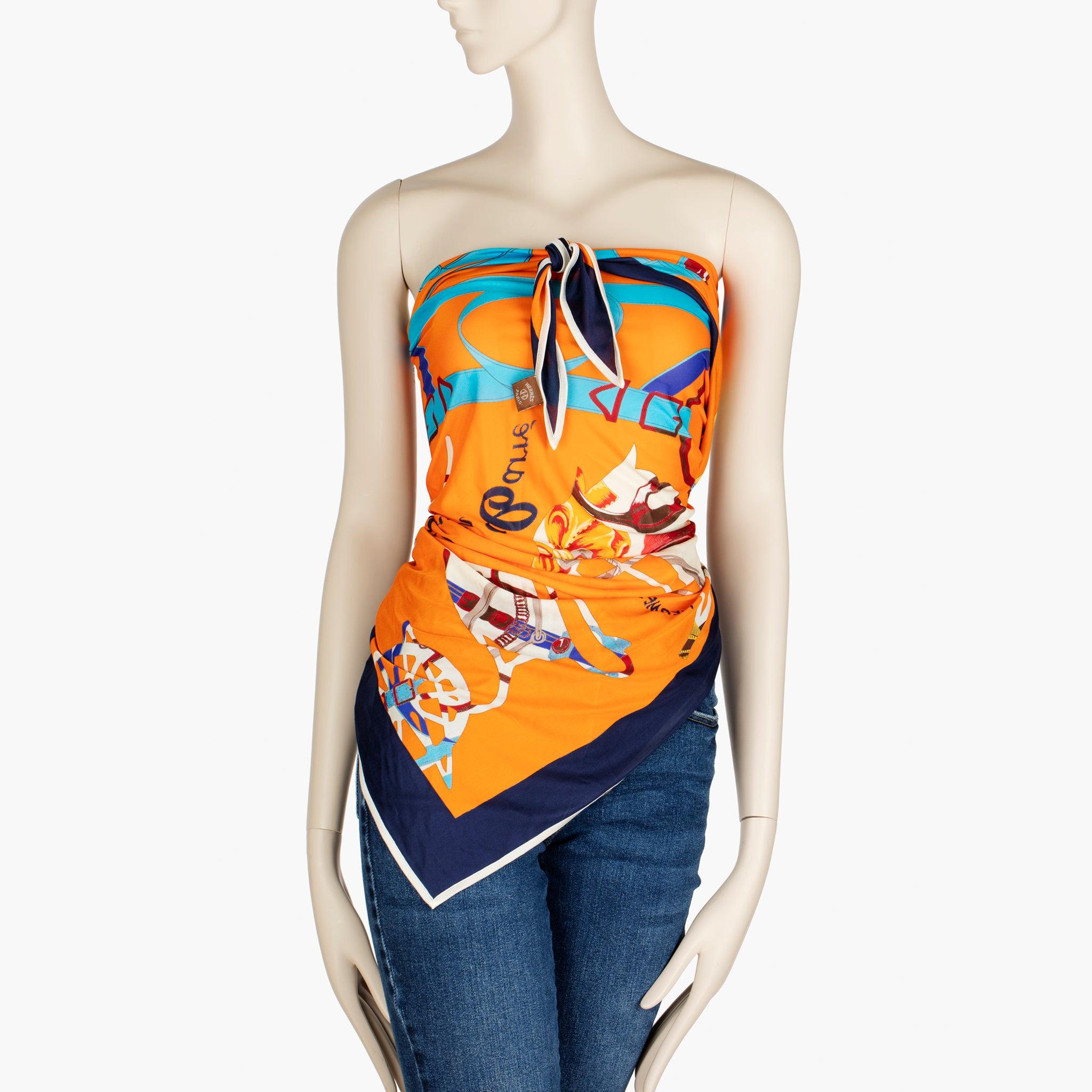 Hermès Orange Printed Silk Scarf Top Styled Multiple Ways For Sale 4