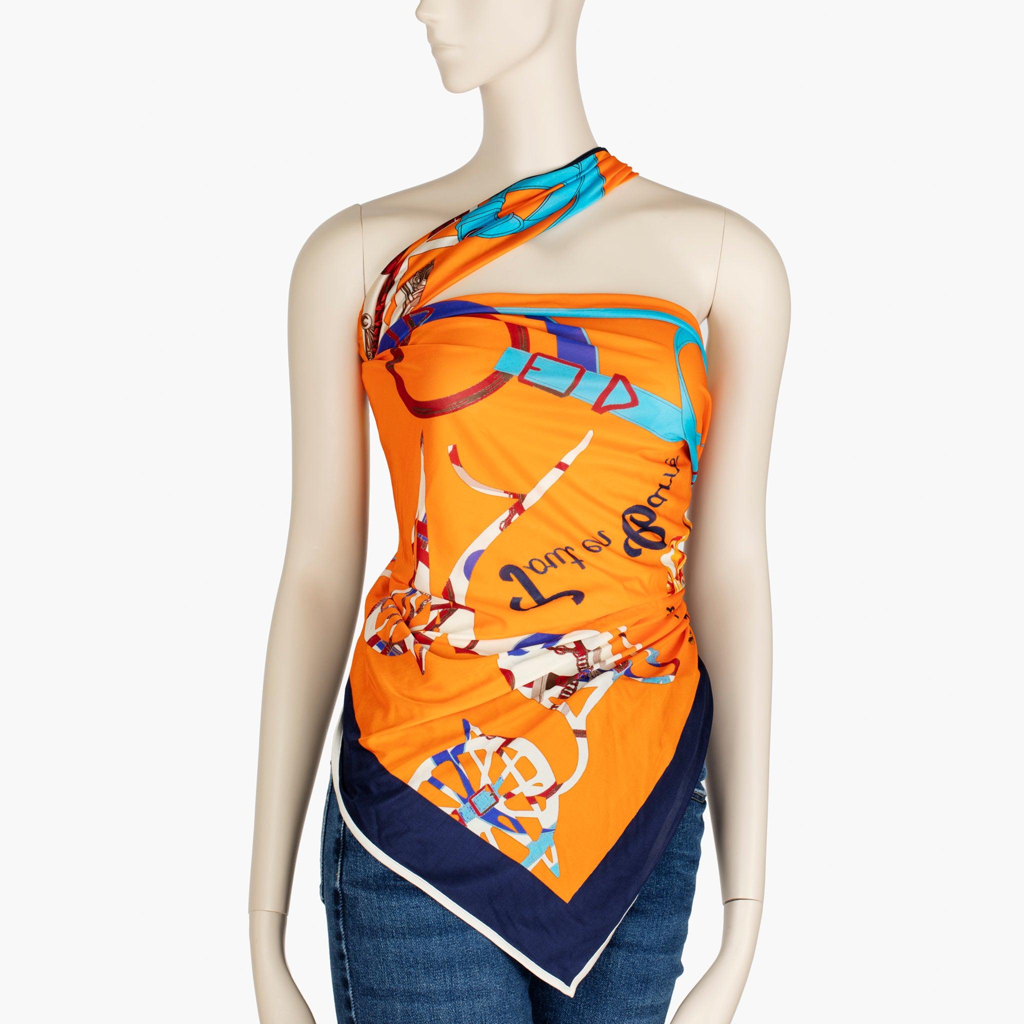 Hermès Orange Printed Silk Scarf Top Styled Multiple Ways For Sale 5