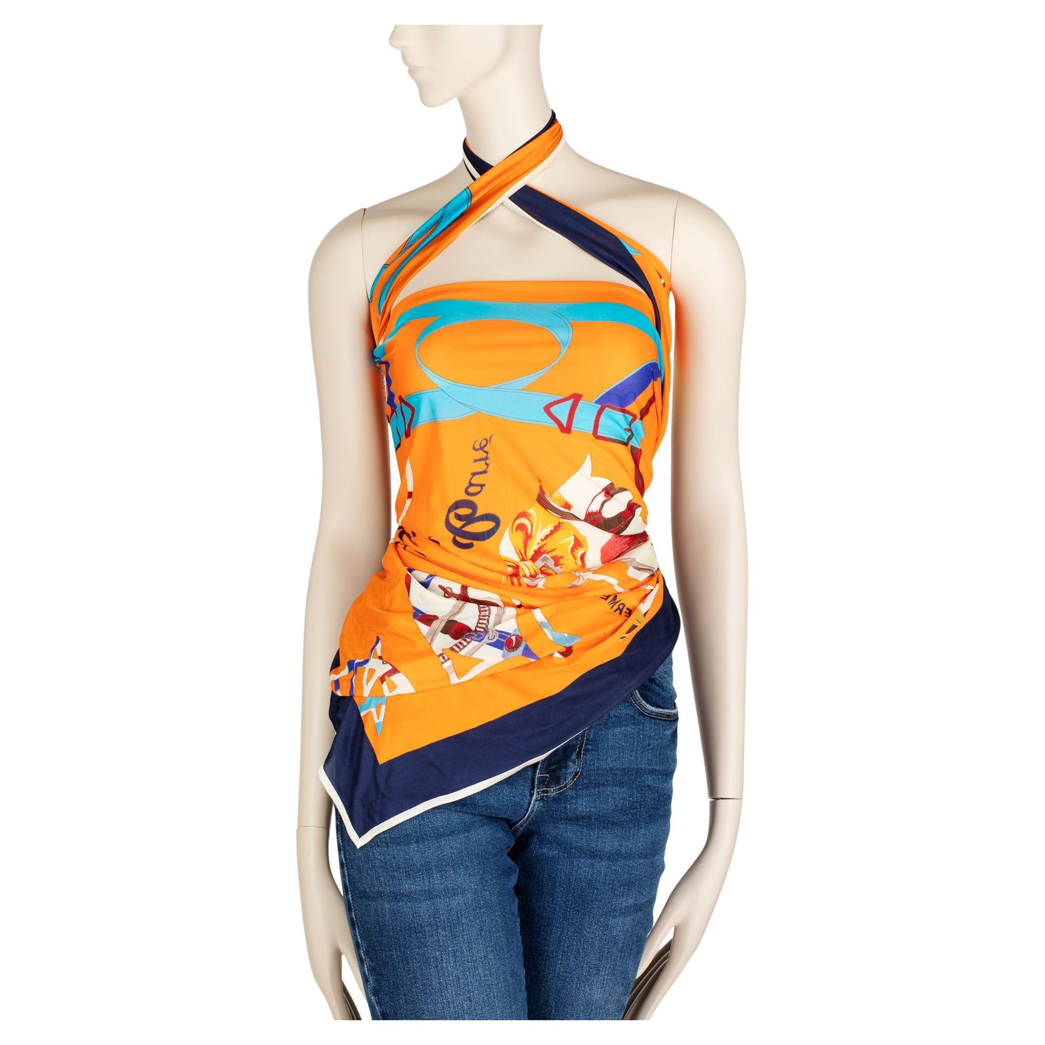 Hermès Orange Printed Silk Scarf Top Styled Multiple Ways For Sale