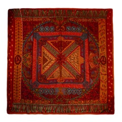 Hermes Orange/Red "Sur Un Tapis Volant" Silk & Cashmere 140cm Scarf Shawl