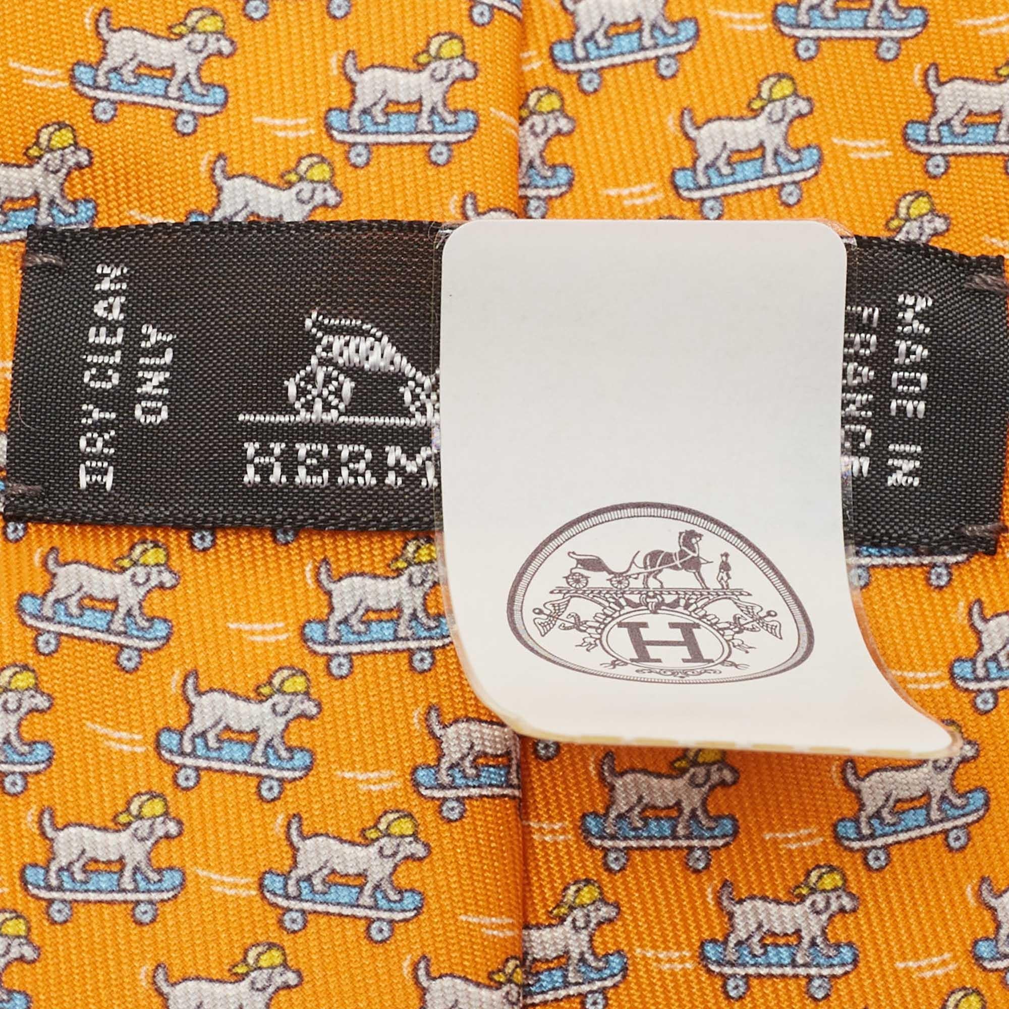Hermès Orange Roller Dog Printed Silk Slim Tie In Excellent Condition In Dubai, Al Qouz 2