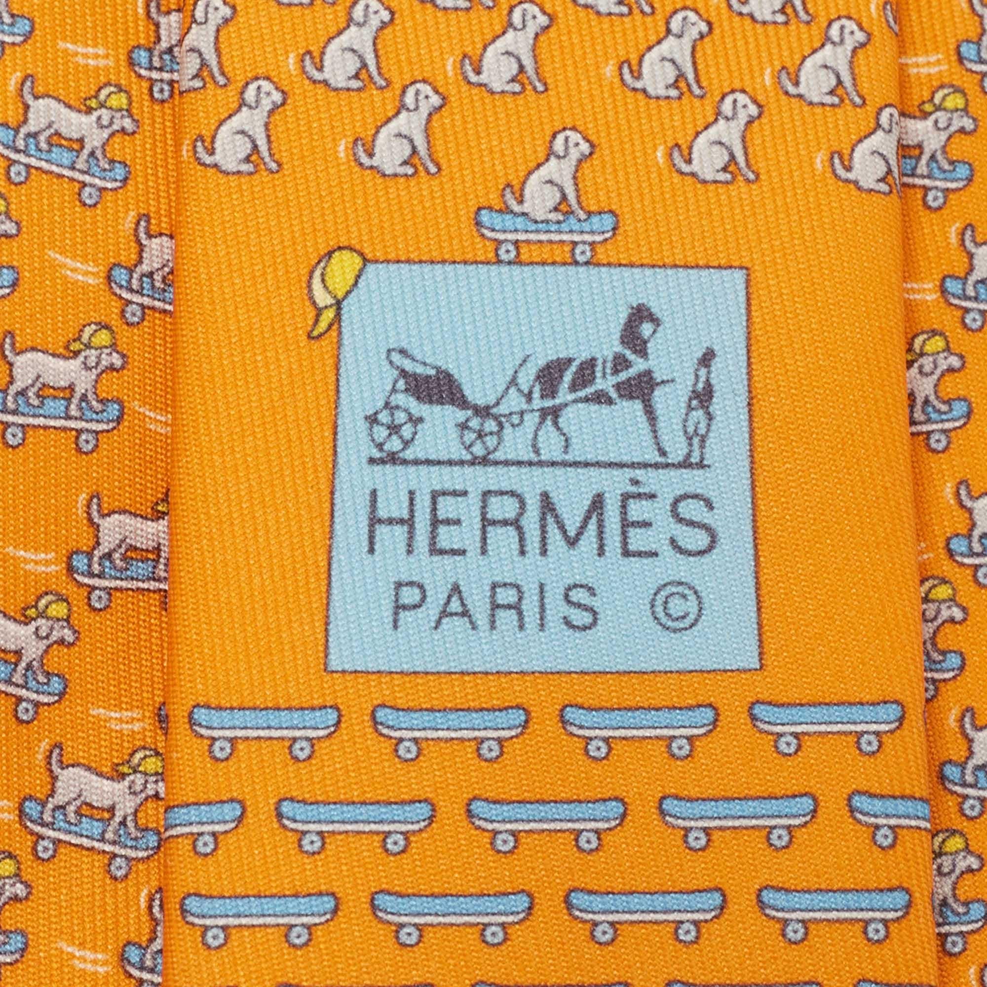 Men's Hermès Orange Roller Dog Printed Silk Slim Tie