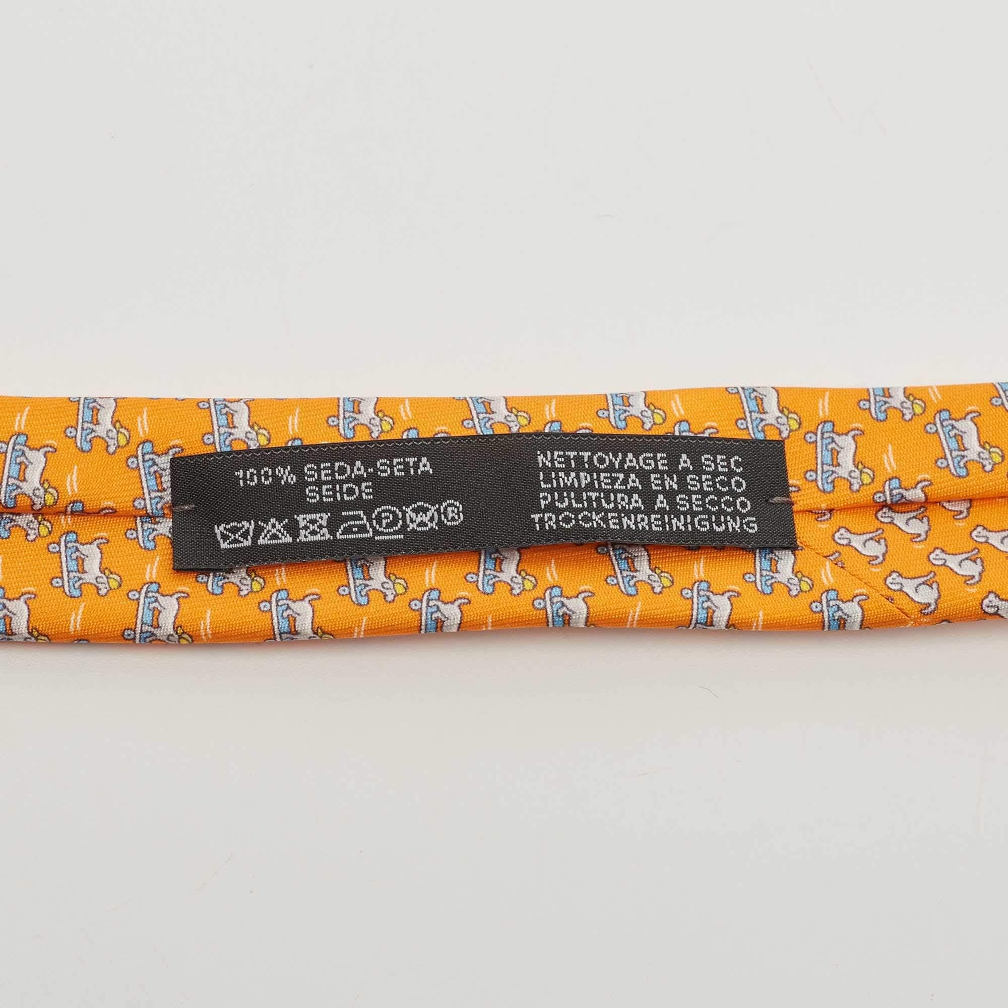 Hermès Orange Roller Dog Printed Silk Slim Tie 1