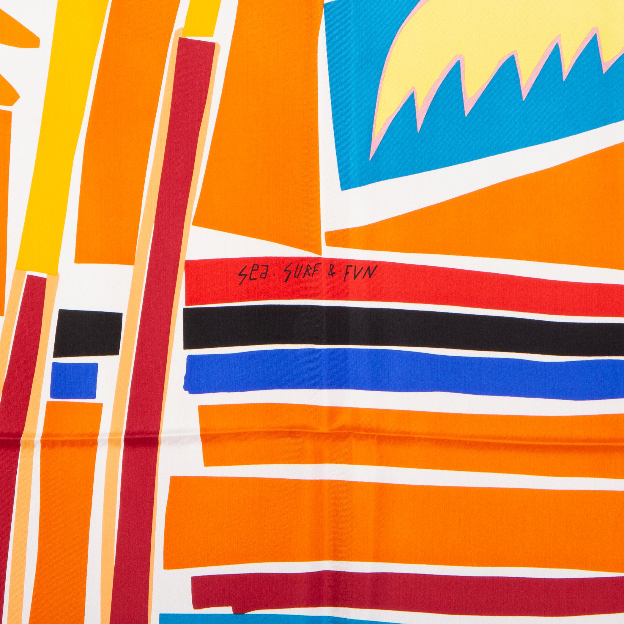 Hermès 'Sea, Sun, and Fun' scarf by Filipe Jardin in white silk twill (100%) with contrast orange hem and details in yellow, orange, red, blue and black. Has been worn and is in virtually new condition.

Width 140cm (54.6in)
Height 140cm (54.6in)
