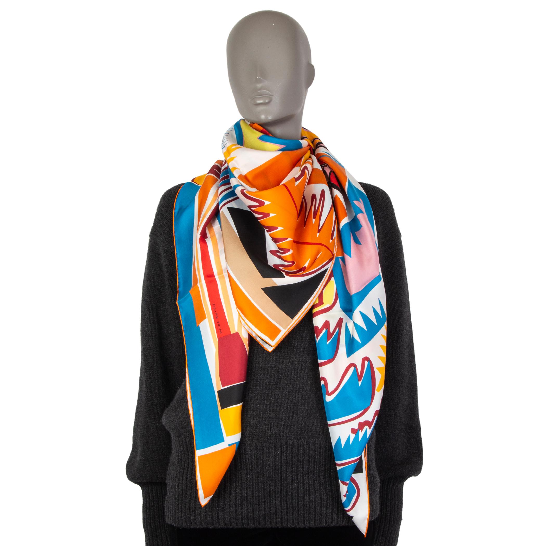  HERMES orange SEA:: SURF AND FUN 140 TWILL silk Shawl Scarf Unisexe 