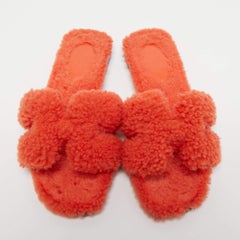 Hermes Orange Shearling Fur Oran Flat Slides Size 36