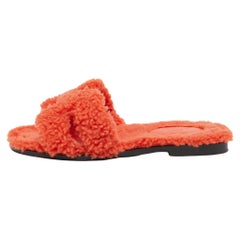 Used Hermes Orange Shearling Fur Oran Flat Slides Size 36