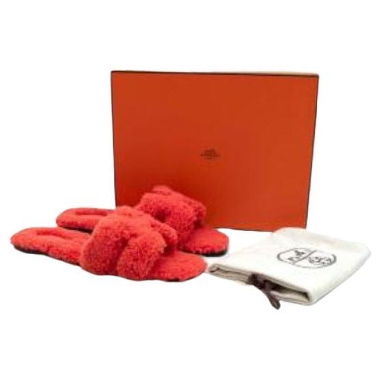 Hermes Orange Shearling Oran Sandals For Sale at 1stDibs