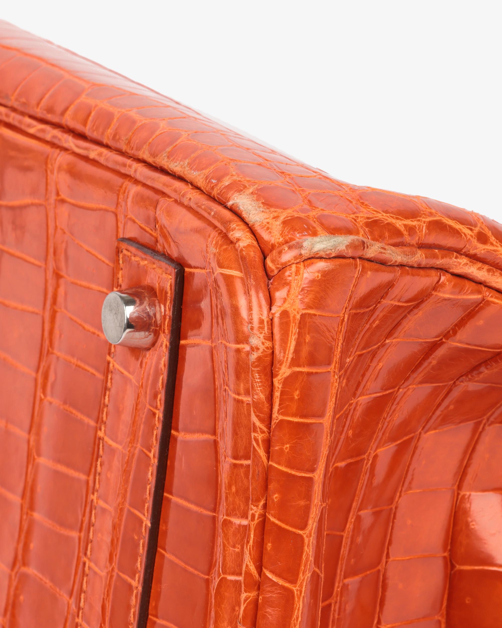 Hermès Birkin 40cm en cuir de crocodile Porosus orange brillant en vente 6