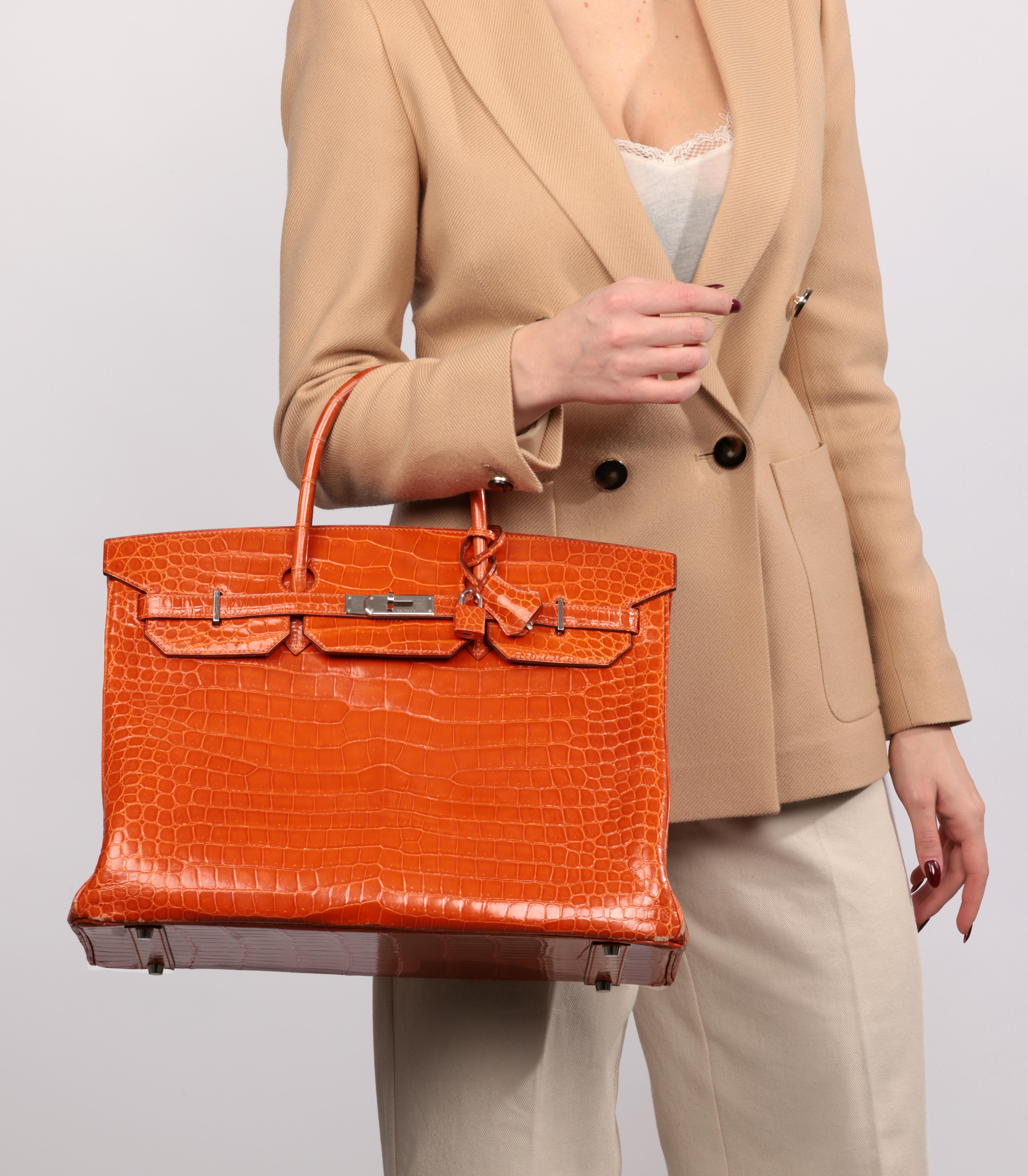 Hermès Orange Glänzend Porosus Krokodil Leder Birkin 40cm im Angebot 7