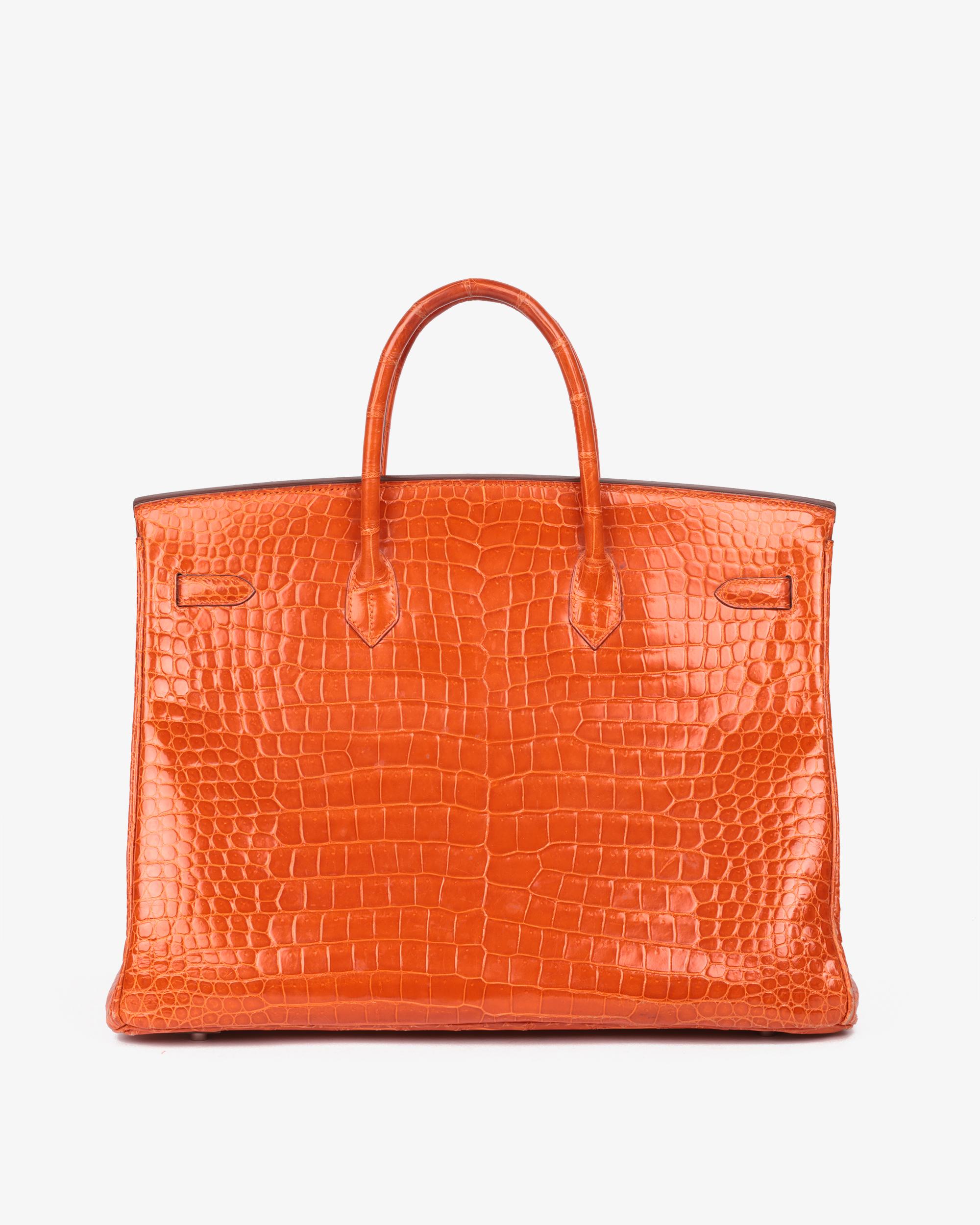 Women's Hermès Orange Shiny Porosus Crocodile Leather Birkin 40cm For Sale