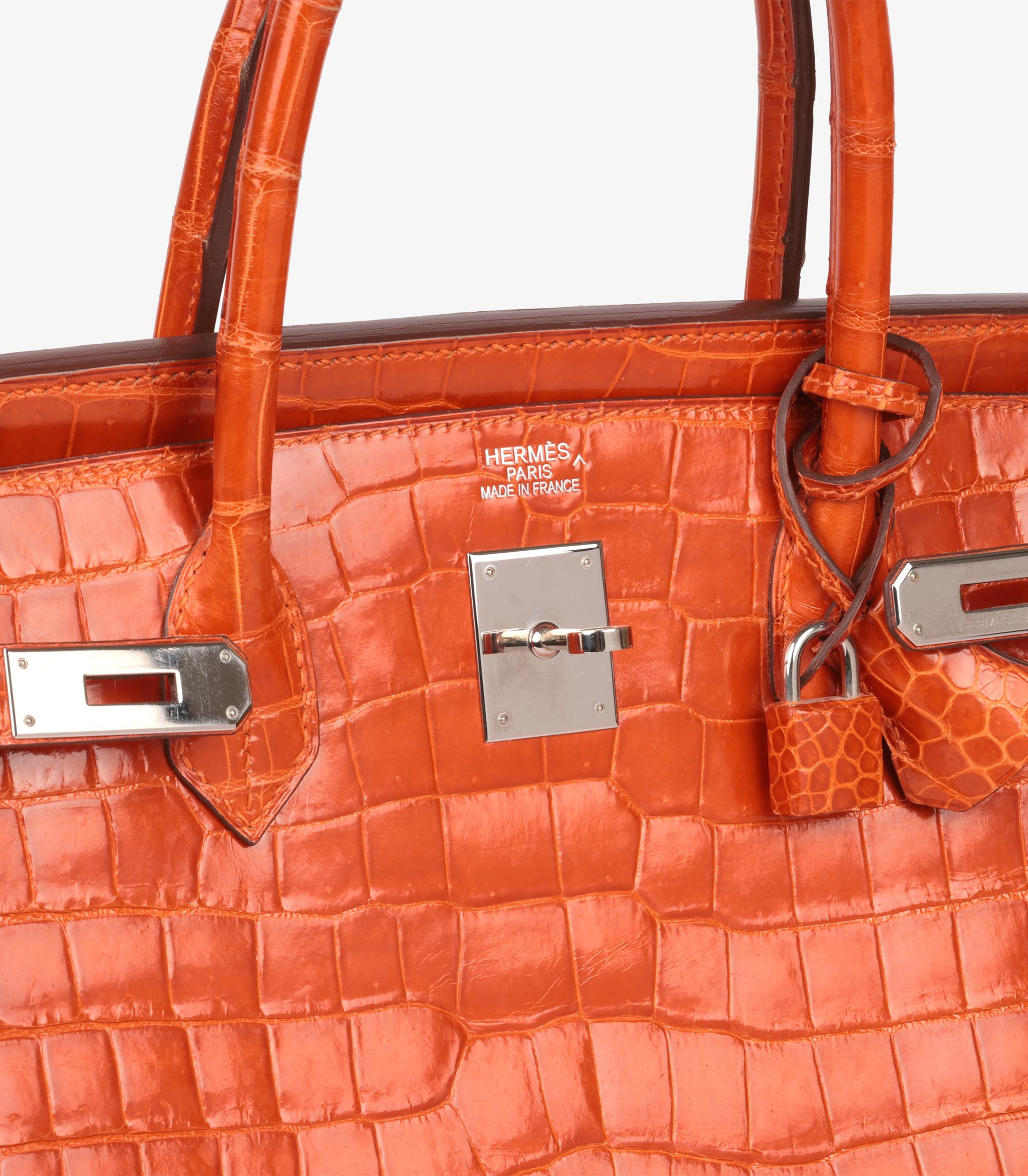 Hermès Orange Shiny Porosus Crocodile Leather Birkin 40cm For Sale 2