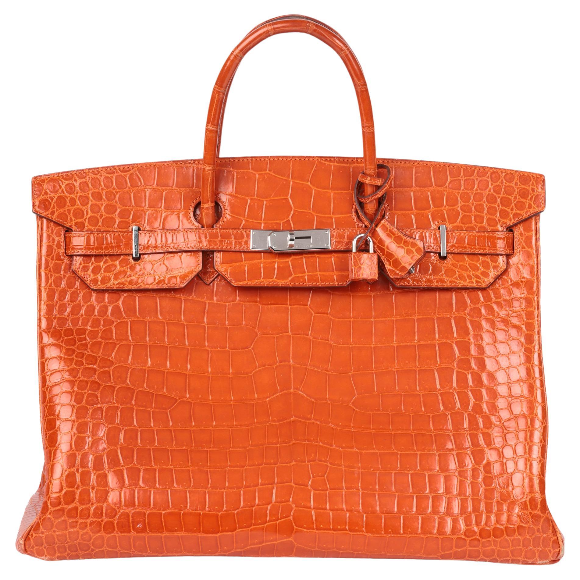 Hermès Birkin 40cm en cuir de crocodile Porosus orange brillant en vente
