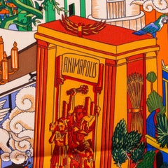 HERMES orange silk ANIMAPOLIS 90 Scarf Orange Bleu Vert