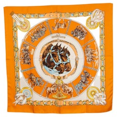 HERMÈS Écharpe en sergé de soie orange CHEVAUX DE TRAIT 90